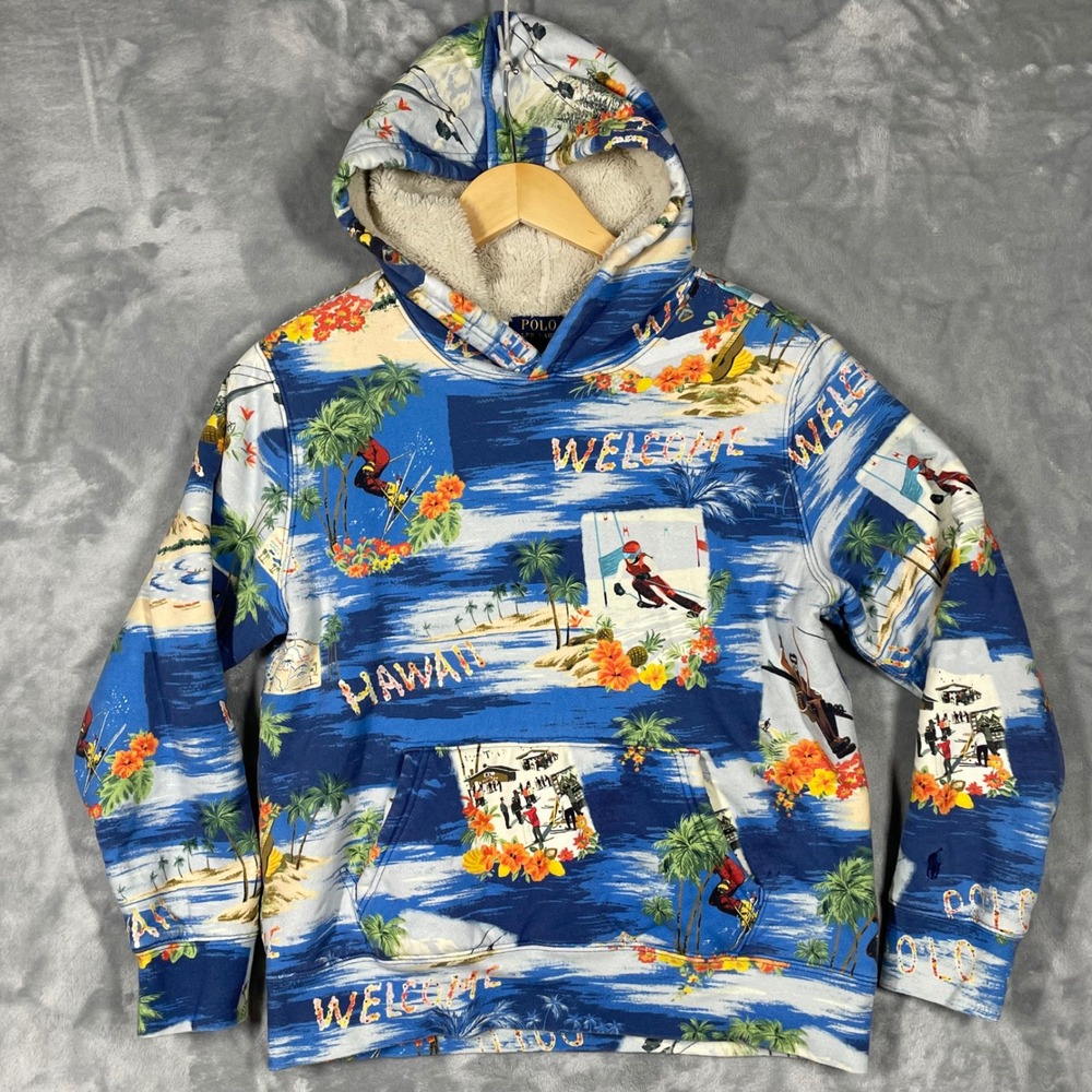 Polo Ralph Lauren Boys L 14-16 Hawaiian Ski Print Sherpa Lined Hoodie Blue
